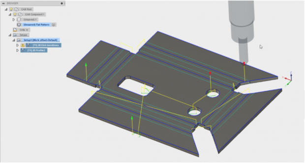 Fusion 360's new sheet metal tools include the ability to bring flat patterns into CAM where you can set up 2D cutting strategies for waterjet, laser or plasma cutters. Image courtesy of Autodesk Inc.
