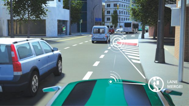 Technology developers see V2V systems as one part of a larger communication system called vehicle to everything, or V2X, which promises to make our highways safer. In this ecosystem, vehicles will communicate with any entity that may affect their safety, including other vehicles, infrastructure, pedestrians and smart devices. Image courtesy of NXP Semiconductors.