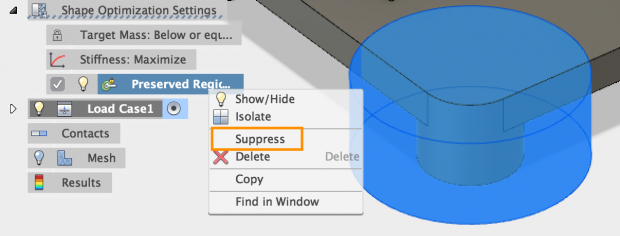 When setting up a Shape Optimization study in the Simulation workspace, Fusion 360 now lets you suppress a preserved region. This enables quick comparisons of what the study would look like without that region and without physically modifying the design. Image courtesy of Autodesk Inc.