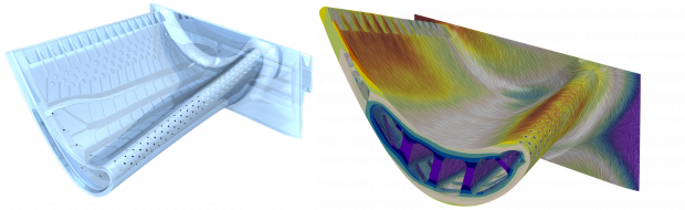 Fig. 1: Aerodynamic and thermal prediction of a candidate blade design. A. (left) Candidate blade design with complex cooling features. B. (right) Aerodynamic and thermal prediction.