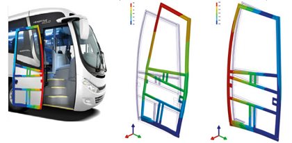 Brazilian bus manufacturer COMIL used SYSWELD to manage to geometrical distortions induced by welding and assembly of a bus door frame. Composite image courtesy of COMIL Ônibus S.A. and ESI Group.