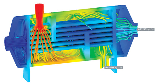 Temperature contours and streamlines colored by temperature for a shell and tube heat exchanger simulation.