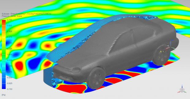 FEM Adaptive Order is a next generation finite element acoustics solver in Simcenter 3D that greatly speeds up solution of vibro-acoustic phenomena. Image courtesy of Siemens.