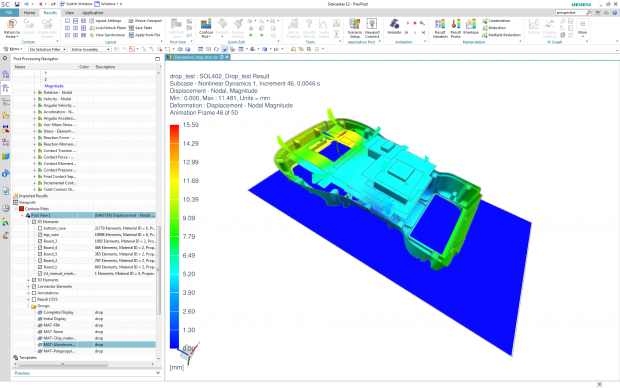Nonlinear drop test simulation for an electronics device performed using NX Nastran. Image courtesy of Siemens.