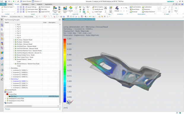 Composites simulation with Simcenter 3D have been extended to include simulation of curing and spring back effects to enable manufacturability assessments. Image courtesy of Siemens.
