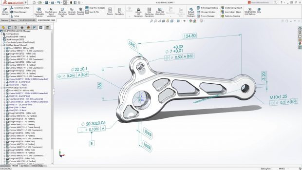 The integrated SOLIDWORKS CAM applications provides SOLIDWORKS 2018 users such capabilities as 2.5-axis milling, 2-axis turning, and tolerance-based machining. Image courtesy of Dassault Systèmes SOLIDWORKS Corp.