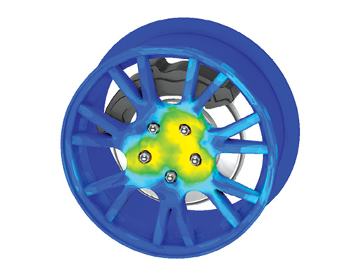 Equivalent stress in a tire rim from bolt tightening. Images courtesy of ANSYS.