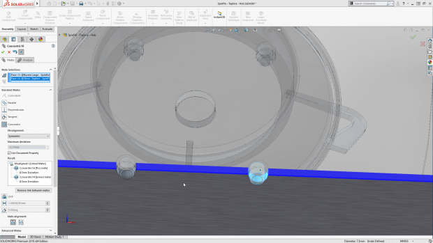 Among the enhancements in SOLIDWORKS 2018 for working with assemblies are Adding Mates Between Hidden Surfaces, Misaligned Mates and Smart Explode Line Tool. Shown here is the Misaligned Mates capability. Image courtesy of Dassault Systèmes SOLIDWORKS Corp.