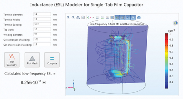 Cornell Dubilier created several apps for electrical optimization. The image shows one app that calculates effective series inductance (ESL) of a single-tab film capacitor. Simulation app made using COMSOL Multiphysics® software and provided courtesy of Cornell Dubilier.