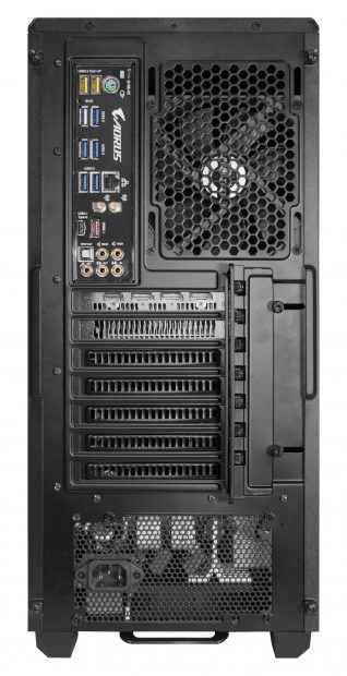 A mid-size tower, the Edge TR comes with a 128GB of DDR4 memory and supports up to four single- or dual-width graphics accelerators as well as a variety of operating systems and storage configurations. Shown here is a rear view of the Edge TR where various port connections are visible. Image courtesy of NextComputing.