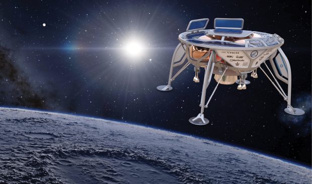 SpaceIL is using a hop concept instead of a rover, meaning the spacecraft will land on the moon’s surface and take off again with the fuel remaining in its propulsion system. Image courtesy of XPRIZE.