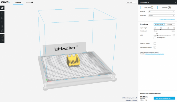 Ultimaker Cura will open, with your design imported, ready to be sliced and printed.