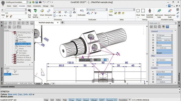 CorelCAD 2018 looks strikingly similar to AutoCAD and adds new multileader capabilities much like those in AutoCAD.