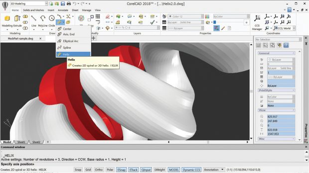 The new Helix command in CorelCAD 2018 lets you create 2D spirals and 3D helixes that can serve as the basis for creating more complex objects.