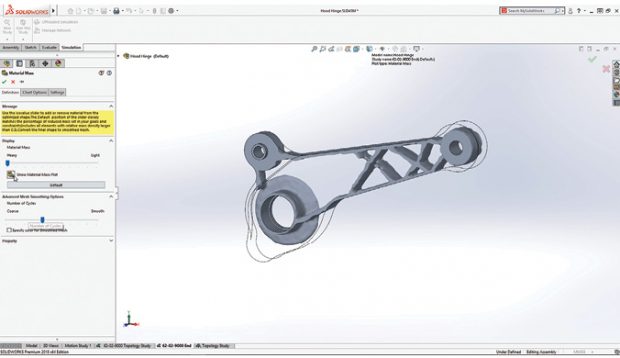 SolidWorks 2018 marks the debut of Topology Study, based on simulation solvers from TOSCA. The tool takes manufacturing constraints into account during the optimization. Images courtesy of SolidWorks.