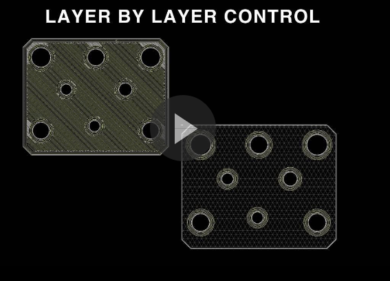 Markforged's cloud-based 3D print software provides granular control of where to lay reinforcing fibers in a continuous stream in a part under development. Shown here are two fill options. Isotropic fill on the left lays down a sheet of fiber in the part. Internal hole concentric fill on the right encircles internal part cavities. Image courtesy of Markforged Inc.
