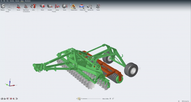 Inspire 2018 enables users to assemble and simulate dynamic mechanical systems to resolve loads on system components for optimization and motion analysis. Image courtesy of Altair Engineering Inc.