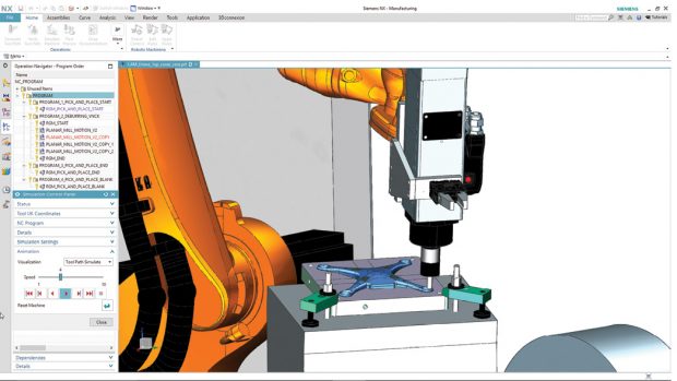 The integrated NX CAD-CAM software lets engineers program robots to perform CNC machining and machine tending using one system. Image courtesy of Siemens PLM Software.