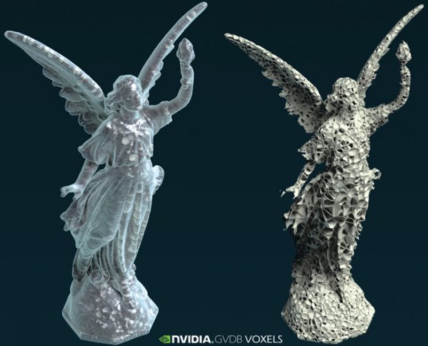 Voxel-based 3D printing with NVIDIA GVDB (GPU voxel database), where the inside structure is optimized based on stress and automatically generated. Image courtesy of NVIDIA.