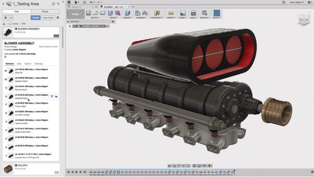 Cloud-powered version management is built into Fusion 360, giving engineers an easy way to track the evolution of designs. Image courtesy of Autodesk.