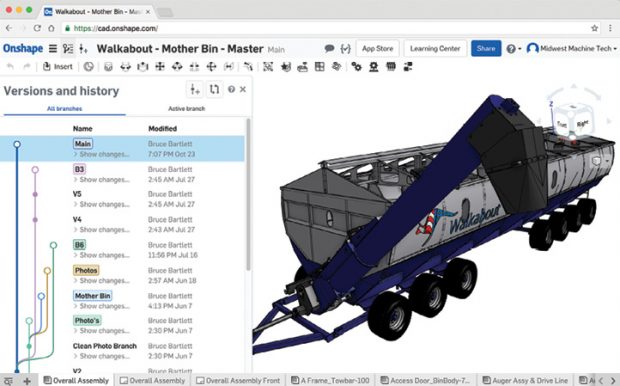Branch and merge capabilities, popularized by DVCS in the software world, have been a staple of Onshape since its first release. Image courtesy of Onshape.