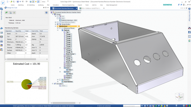 Solid Edge Mechanical's design for cost functionality can help designers estimate manufacturing and material costs, such as sheet metal parts. Image courtesy of Siemens PLM Software Inc.