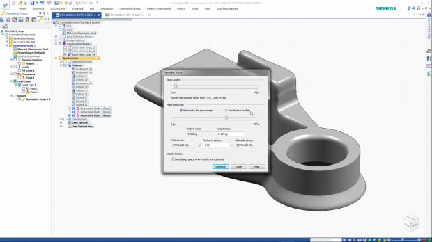 Solid Edge 2019's design tools can be supplemented with topology optimization capabilities. Shown here is a study being set up. Image courtesy of Siemens PLM Software Inc.