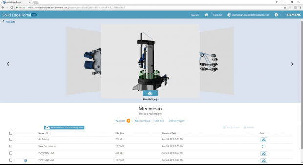 The Solid Edge Portal offers an online CAD management, viewing and collaboration functionality for secure, controlled sharing of project documents and CAD files cost free. Shown here is a project view. Image courtesy of Siemens PLM Software Inc.