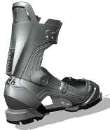 The internal structure of the boot reveals the hinged ankle, two buckle anchors, and the integrated mount for the lockable ski-walk device located just above the heel.