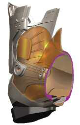 A cross-section of the Factor model illustrates the overlapping wrap design of the boot and how the external soft plastic fits to the stiff two-piece frame.