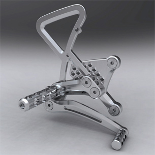 Aftermarket modular and fully adjustable foot pegs for motorcycles designed by Gray Holland of Alchemy Labs and rendered in HyperShot. 