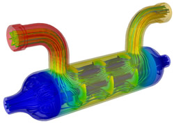 CAD associativity and interactive void filling are features in CFdesign v10 that simplify the design study process for a heat exchanger.
