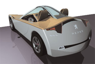 In this concept model from Peugeot, modeled in NX, we see a natural wood finish combined with stylish metal.