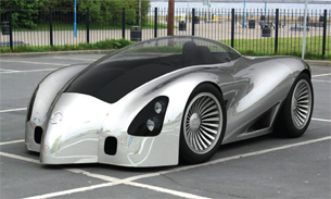 Photoreal rendering of a concept automobile, integrated into a photographed environment.