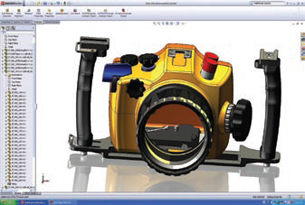 Model of an SLR camera case shown with SolidWorks 2008 RealView display mode enabled. 