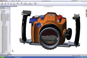 Model of the same SLR camera case shown with SolidWorks 2008 RealView display mode disabled.