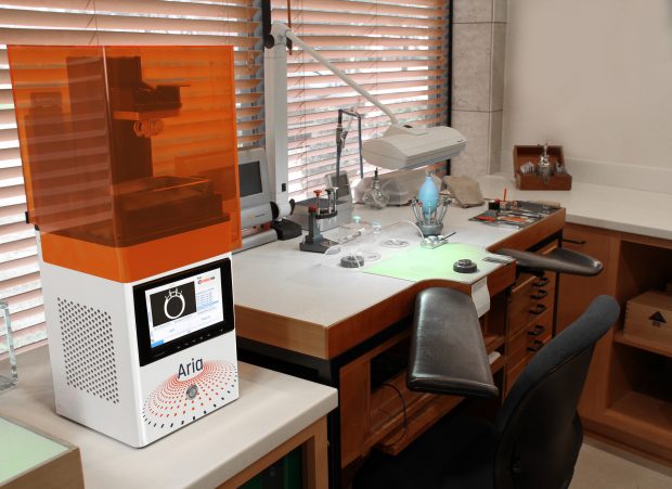 The desktop-sized Aria 3D printer has a 2.36x1.77x3.94-in. build area and offers users the ability to set Z layer resolution at 25, 35 or 50 microns, depending on material. Image courtesy of EnvisionTEC Inc.