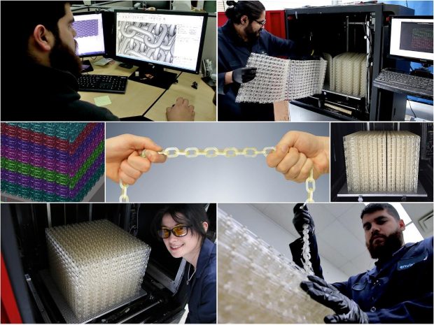 The EnvisionTEC Mega-Chain is a 328-foot chain that was 3D printed in a durable new material, E-RigidForm. Designed by EnvisionTEC 3D Builder Robert Montes (upper left and lower right), the chain features 6,144 links, each measuring 1.5 inches. The print job was processed with support from colleagues Erica Finkowski (lower left), Josue Nunes (upper right) and Jason Spurlock (not shown). Image courtesy of EnvisionTEC.