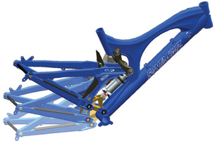 This overlay of three images of a Santa Cruz V10 bike suspension illustrates a significant amount of rear travel. 